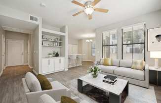 a living room with a couch and a coffee table