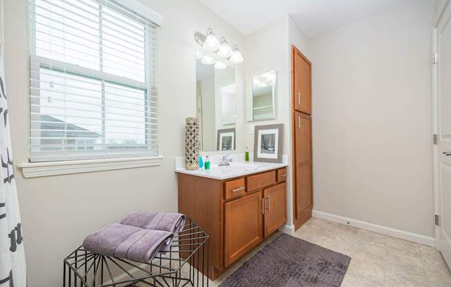 A bathroom with a vanity, mirror, and towel rack.