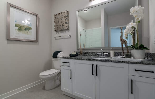 a bathroom with white cabinets and a toilet and a sink
