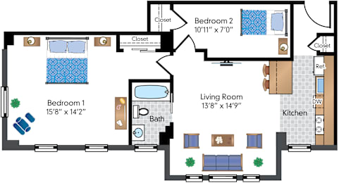 2 beds, 1 bath, 833 sqft, $2,559