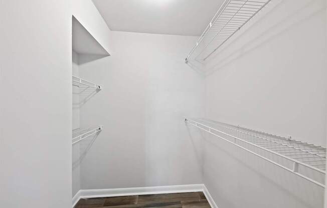 A white walk in closet with shelves and a light on the ceiling.