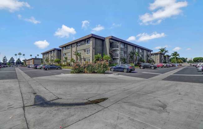 Back corner of the community with the K building and the parking area in view in both directions