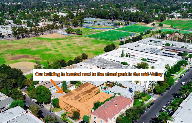 Aerial drone view of Tilden 2 Apartments, showing nearby Sherman Oaks Park.