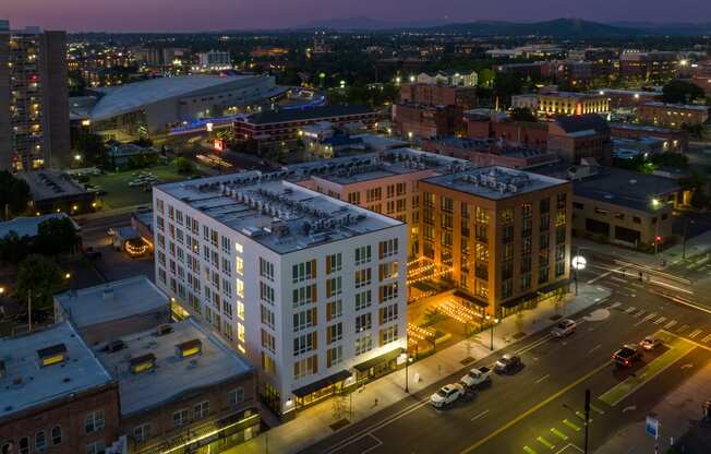 The Warren Apartments building exterior aerial at night