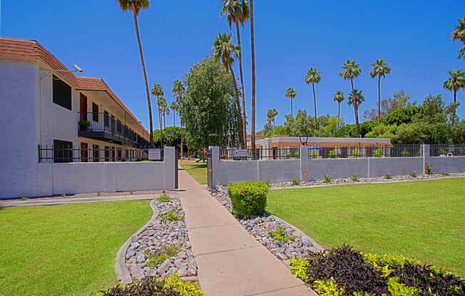 a sidewalk leading to a building with palm trees in the background