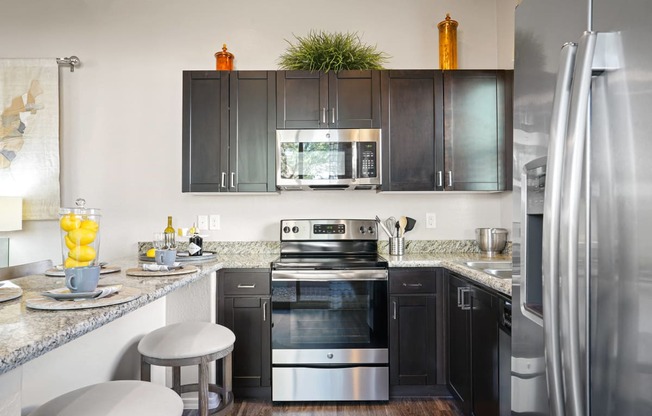 a kitchen with stainless steel appliances and black cabinets