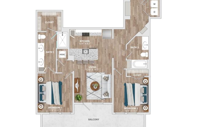 2 beds, 2 baths, 1,081 sqft, $1,653, Unit 1-117