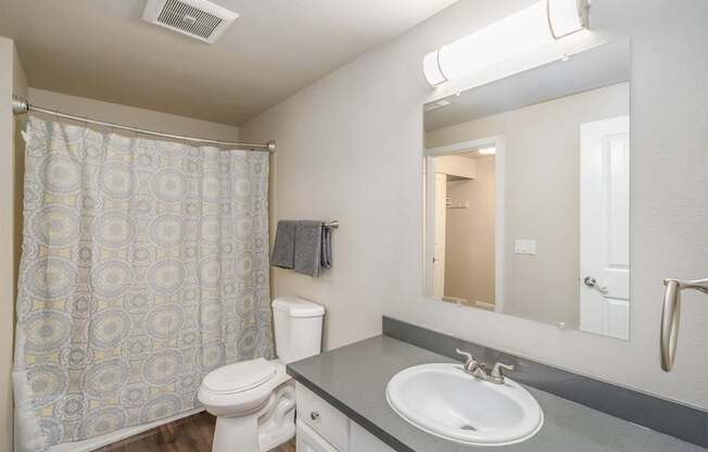 Full bathroom with shower and vanity at Quartz Creek Apartments in Mountlake Terrace, WA