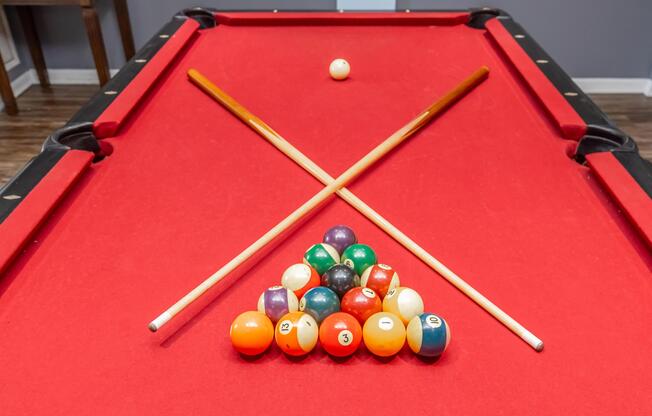 a table with a ball in a room