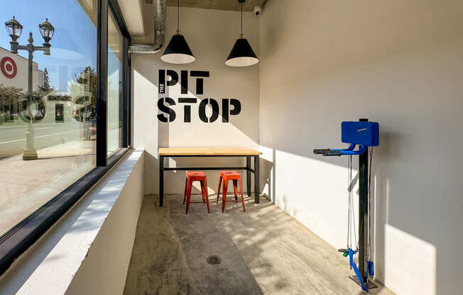 Pit stop store with a view of the outside.