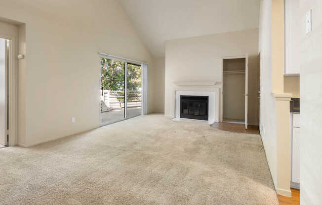 Carpeted Living Room with Fireplace and Balcony