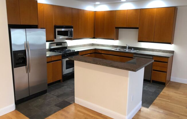 OPEN TOMORROW! Huge bi-level 3 bedroom 2.5 bath loft style apartment w/huge sunny yard, gas fireplace, remodeled kitchen, in-unit laundry and garage parking