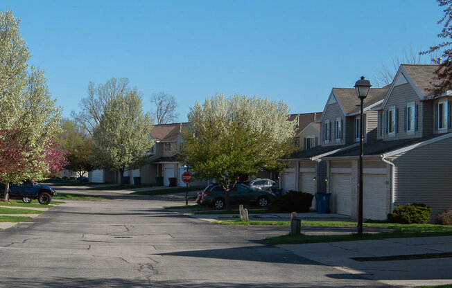 a street in a neighborhood with houses and a stop sign