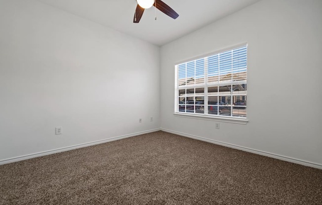 A room with a carpeted floor and a window with blinds.