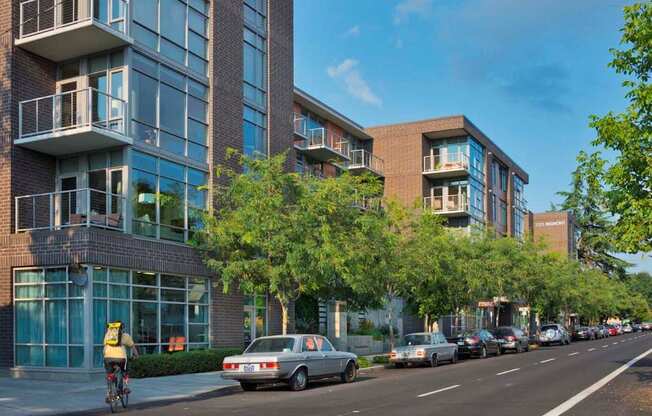 A street view of a residential area with cars parked on the side of the road and a cyclist riding down the street.