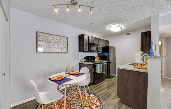our apartments have a kitchen and dining area with a table and chairs