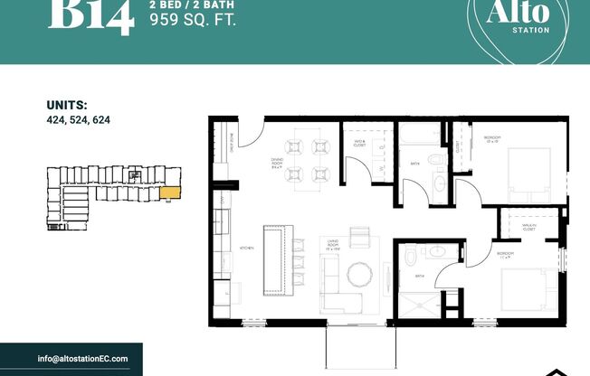 2 beds, 2 baths, 959 sqft, $2,200, Unit 524