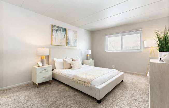 a bedroom with a bed and a window