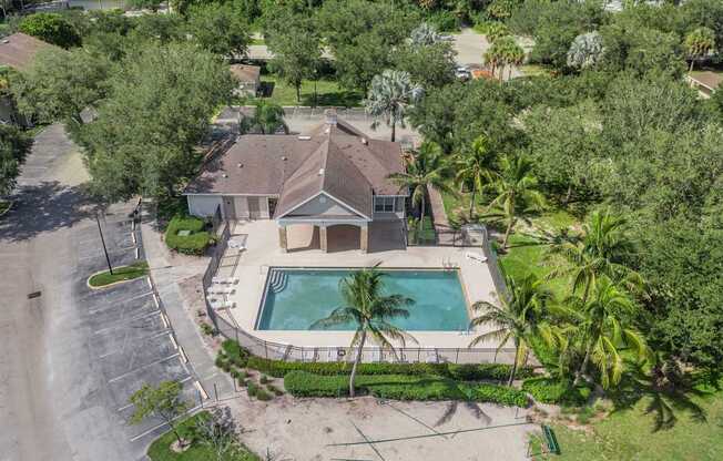 A house with a pool surrounded by trees.