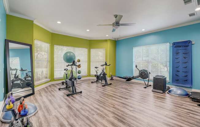 a workout room with weights and cardio machines and a ceiling fan