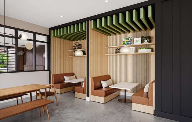 a rendering of a coffee shop with chairs and tables at Link Apartments® CYKEL Apartments, North Carolina, 28208