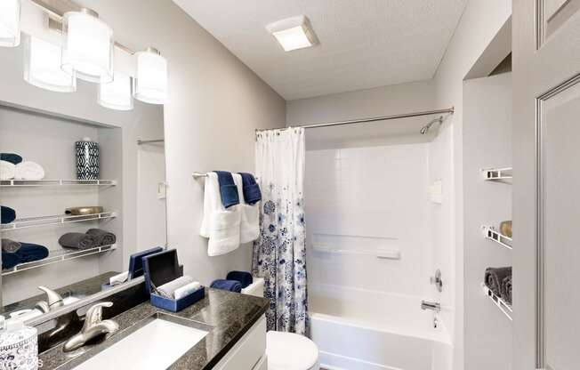 a bathroom with a shower and a sink and a mirror