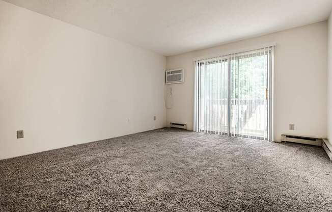 A room with a carpeted floor and a sliding glass door