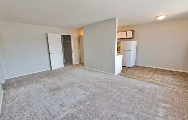 A spacious living room with a grey carpet and white walls.