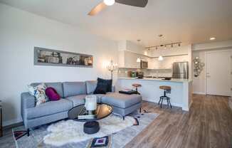 Living Room with Wood Inspired Floor, Gray Sofa, Barstools, Kitchen Countertop and Ceiling Fan/Light