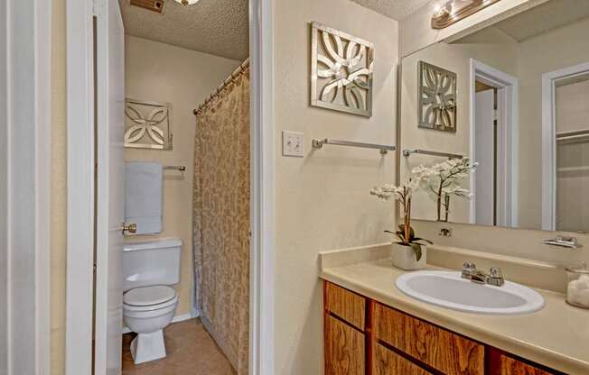 A clean bathroom here at Cypress Pointe with a bathtub-shower combo, neutral tile flooring, and a soft patterned shower curtain creating a warm, inviting feel. A wood-tone vanity with a light countertop sits beneath a well-lit mirror, offering a functional and comfortable space for daily routines.