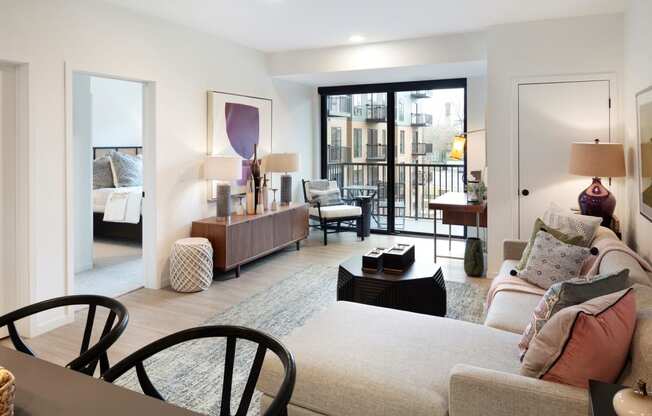 Spacious living room with wood look flooring