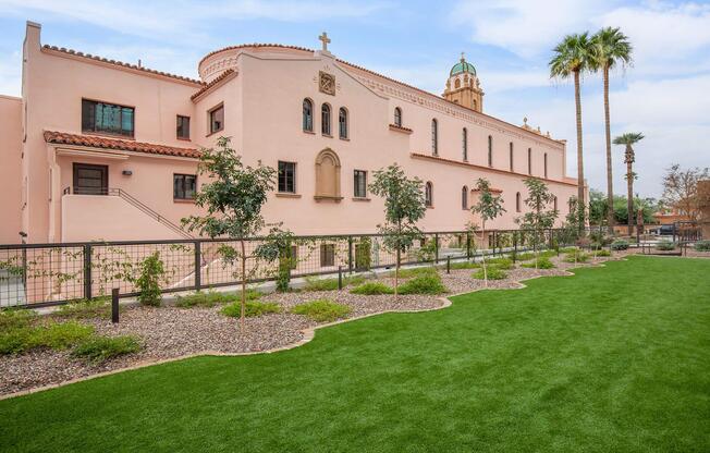 a large lawn in front of a building