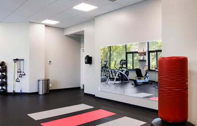 a fitness room with an orange gym ball and other exercise equipment