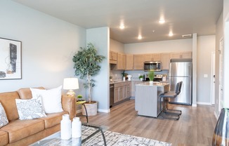a living room and kitchen with a couch and a table at Technology Park Apartments, Rochester, 55901