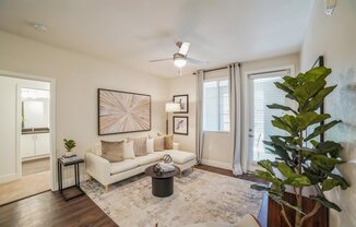 Model living room with wood-inspired flooring