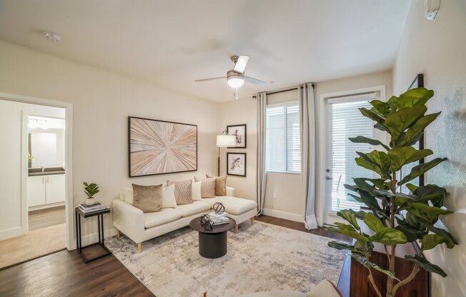 Model living room with wood-inspired flooring