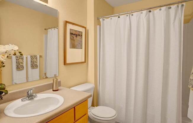 A clean bathroom here at Allegro featuring a light countertop with an integrated sink, wood-tone vanity cabinetry, and a large wall mirror above the vanity, alongside a toilet and a tub and shower combination with a textured white shower curtain, while neutral walls, framed artwork, and coordinated towel accents create a tidy, comfortable layout.