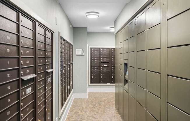 a bunch of lockers in a room with a vaulted ceiling