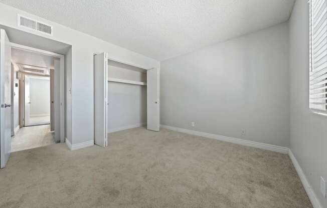 an empty bedroom with a closet and an open door