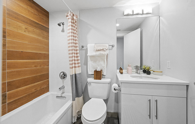 Contemporary tiled shower and white sink and vanity in renovated student apartment bathroom