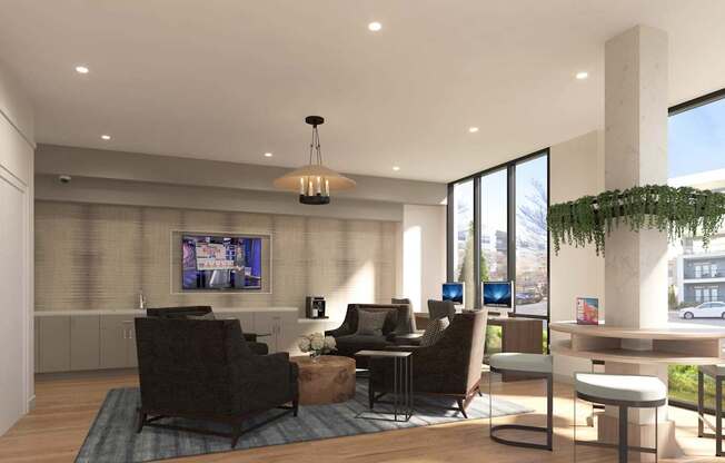 A modern living room with a large window and a flat screen TV mounted on the wall.