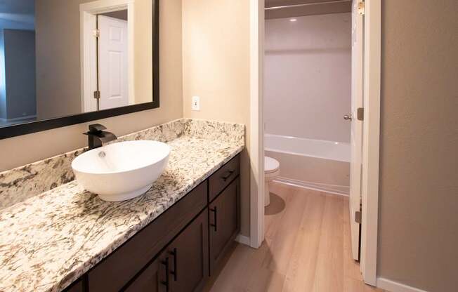 A bathroom with a marble countertop and a white sink.