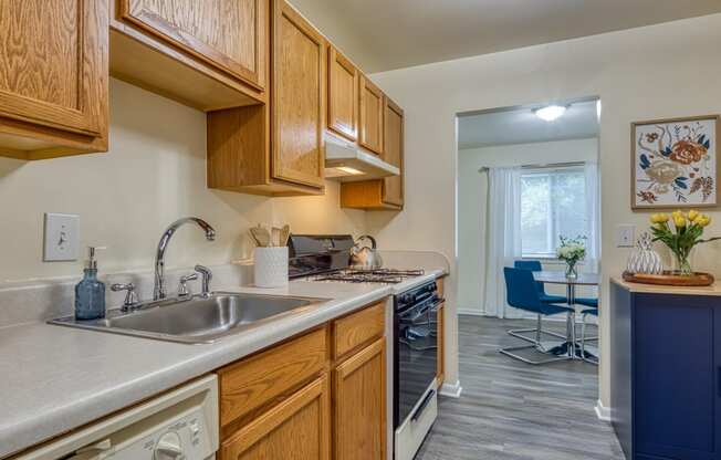 view of kitchen with sink and stove and dining room with table and chair and window