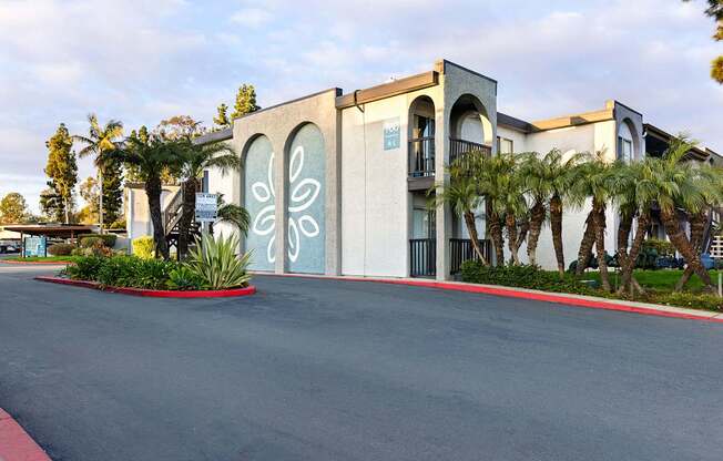 A building with a blue and white sign on the front.