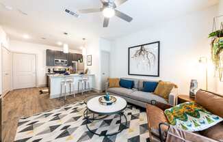 Lenox SoCo Apartments  living room and kitchen with a ceiling fan and a rug