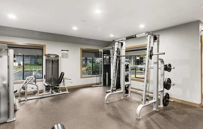 A well-equipped gym with a variety of weightlifting equipment.