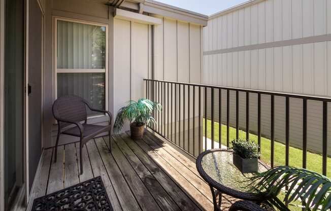 This is a photo of the balcony of the 590 square foot 1 bedroom, 1 bath model apartment at The Biltmore Apartments located int he Vickery Meadow neighborhood of Dallas, TX.