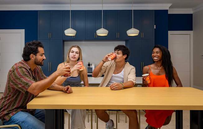 Four people sitting around a table drinking.
