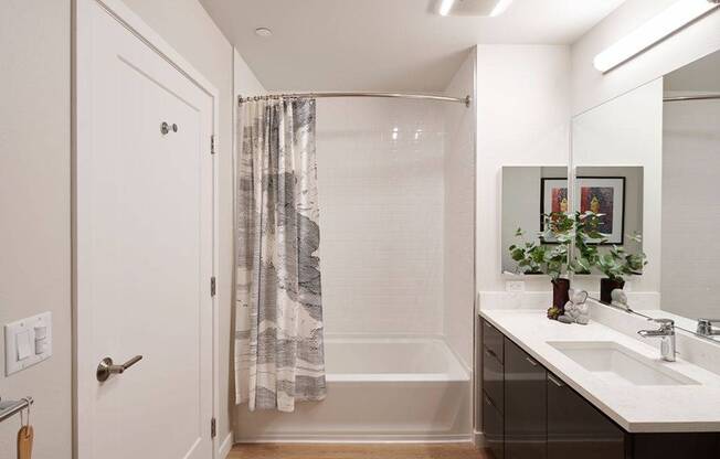 Floor-to-ceiling tile in showers and large frameless bathroom mirrors with built-in storage and shelving*