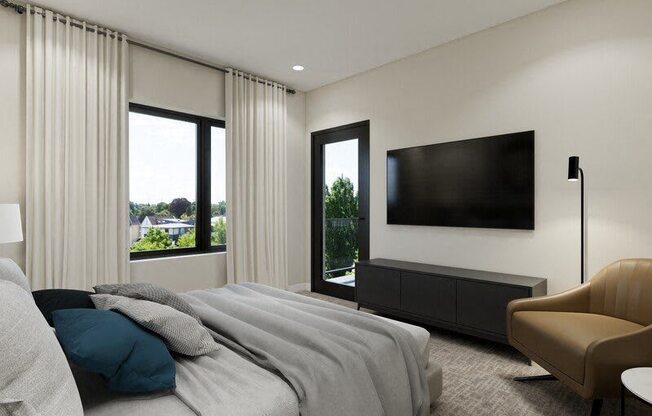 A modern bedroom with a large bed and a flat screen TV mounted on the wall.